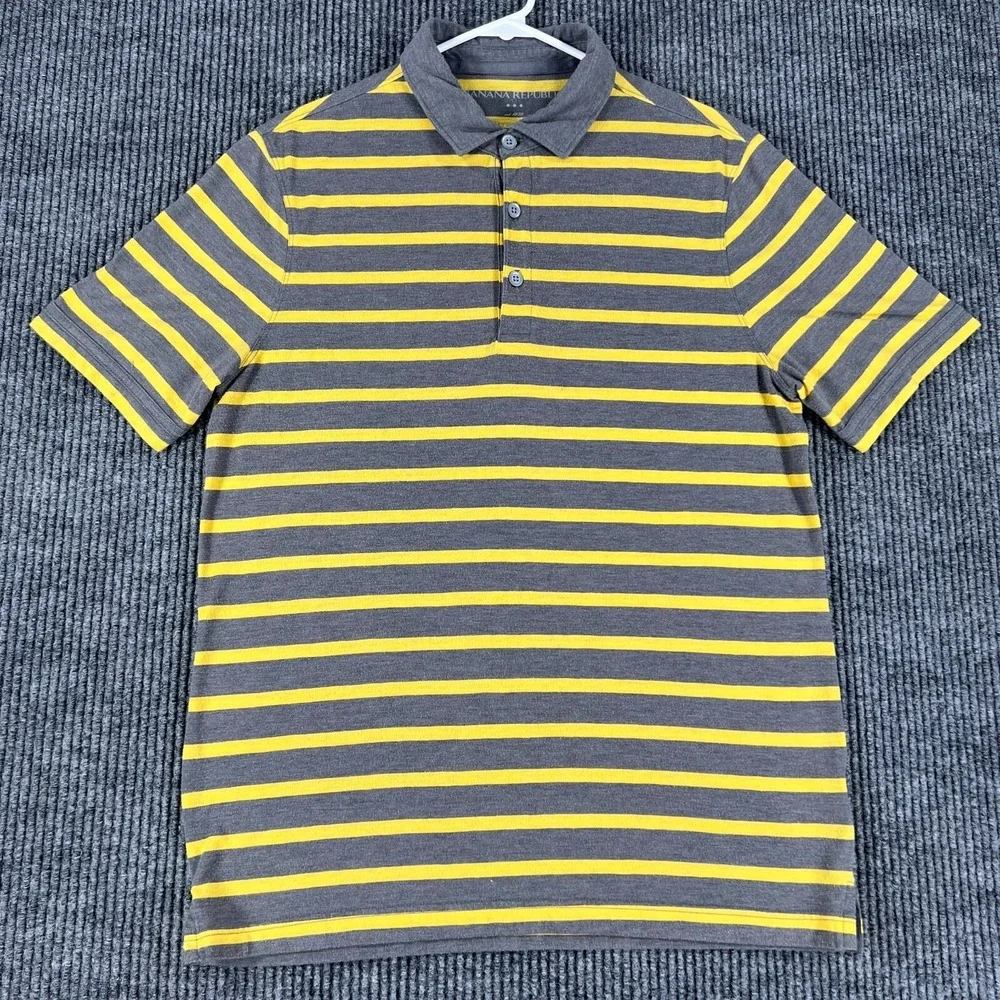 Banana Republic Mens Size Medium Gray‎ Yellow Striped Short Sleeve Polo Shirt